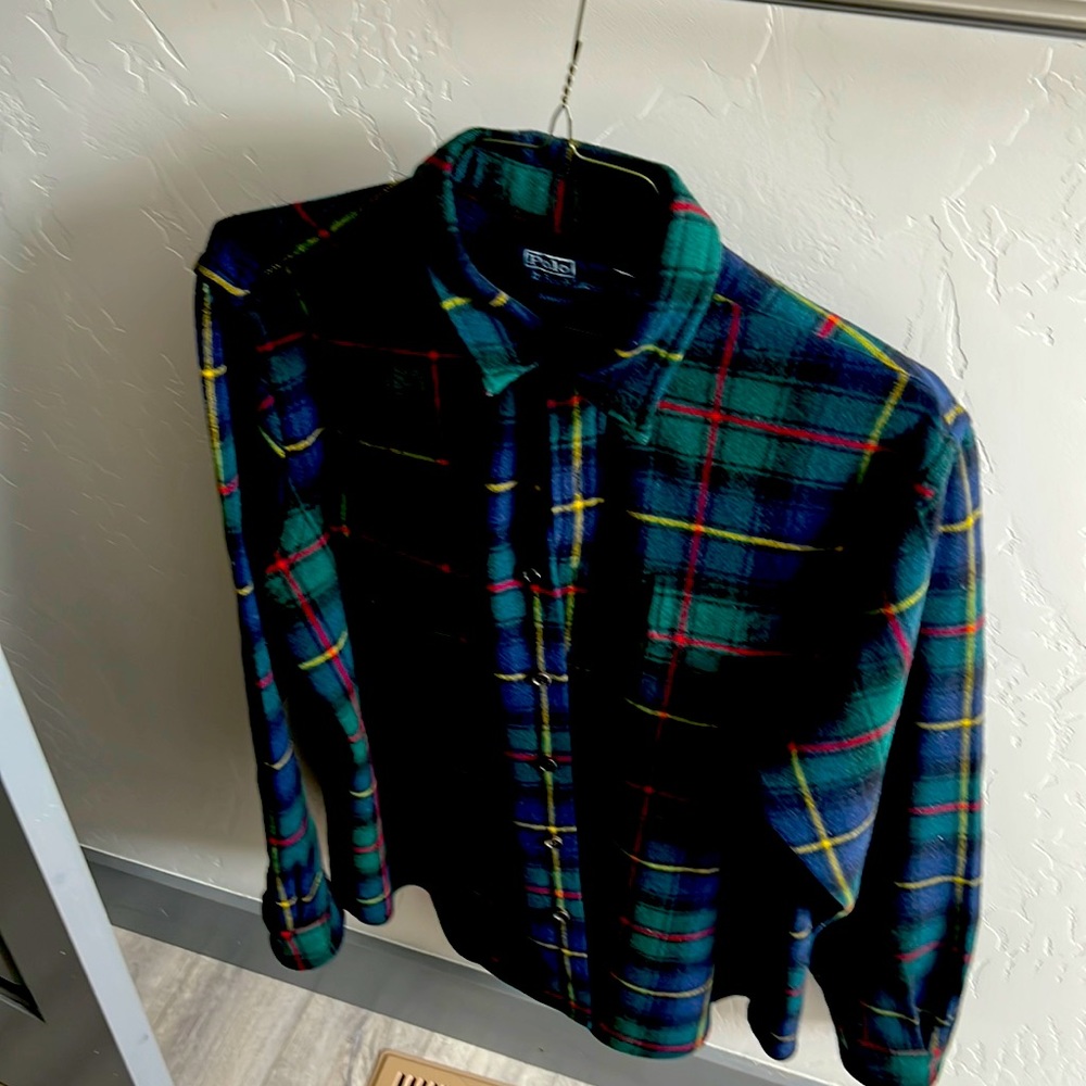 Ralph Lauren blue label wool plaid button down dress shirt.
